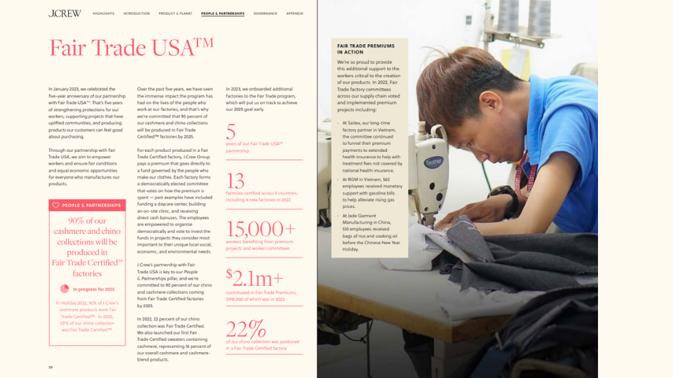 A page from JCrew's 2023 ESG Report showcasing the impact of its Fair Trade Certified partnership.