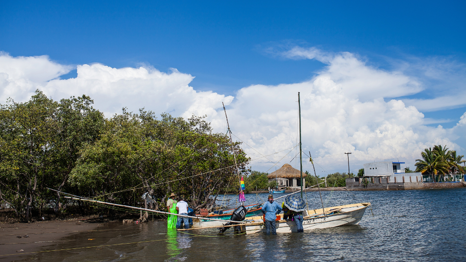 Fishing boat getting docked on shore in Mexican shrimping village.